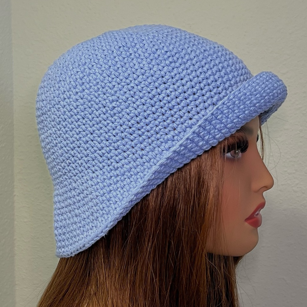 Crochet Blue Bucket Hat Handmade Cotton Sun Hat Short Brim Adult cornflower